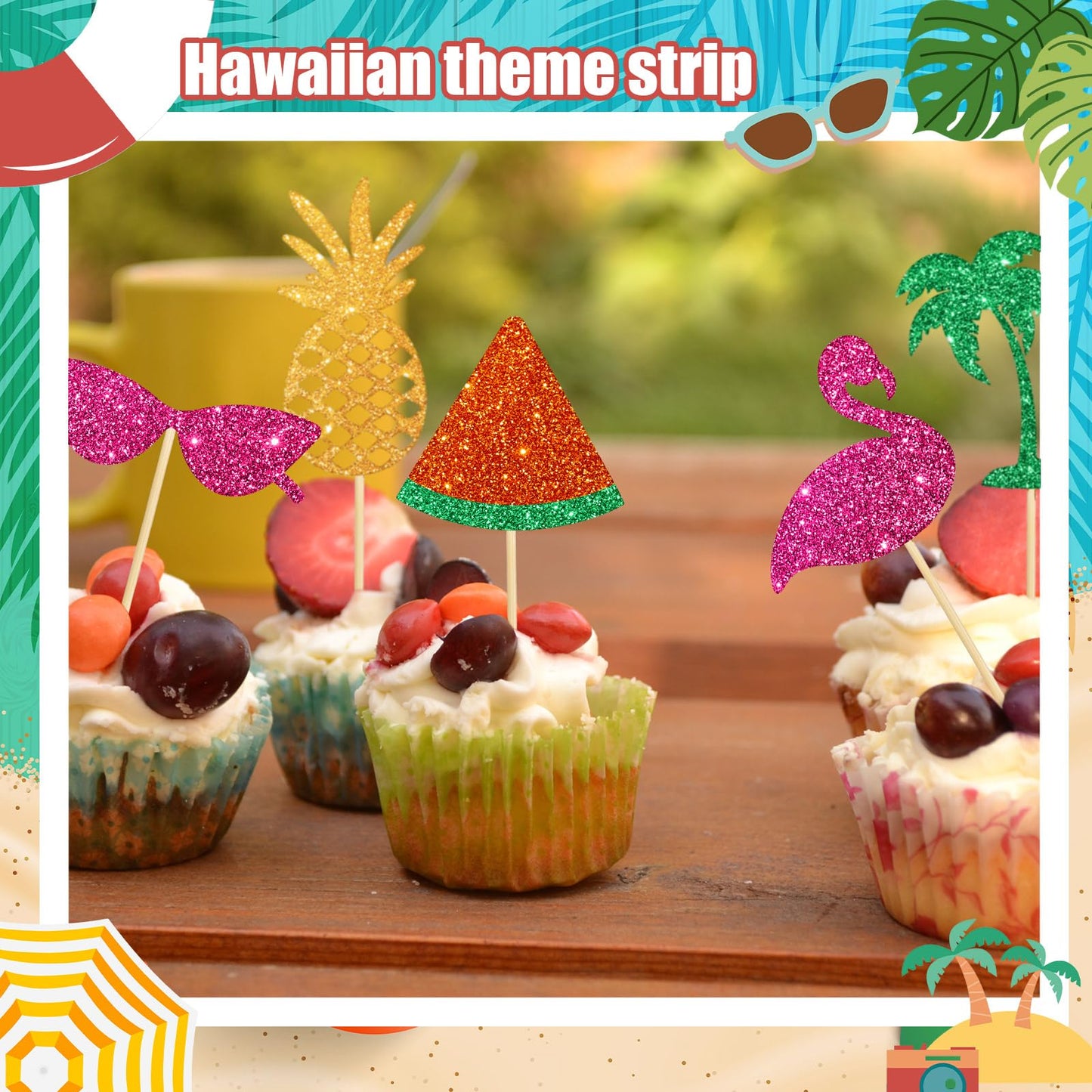 Epakh Summer Beach Cupcake Toppers, 100 Pcs Hawaiian Theme Cake Picks, Paper/Bamboo, 20.5 x 14.5 x 3.5 cm, Vibrant Summer