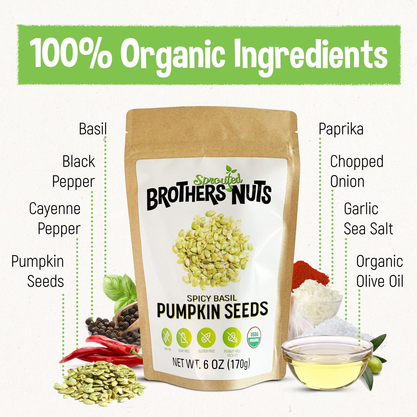 Brothers Sprouted Nuts Organic Spicy Basil Pumpkin Seeds, 6 oz, Vegan, Gluten-Free, Kosher, No Preservatives