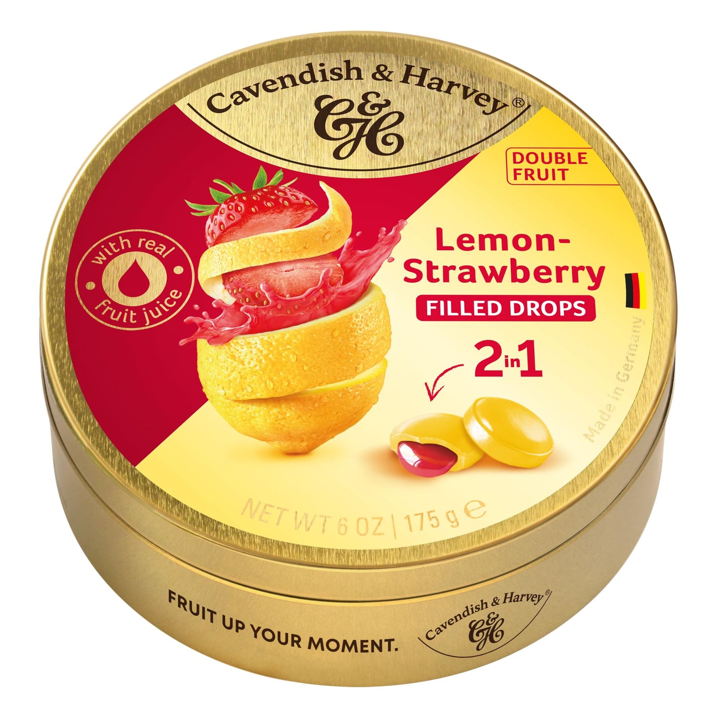 Cavendish & Harvey | Double Fruit Drops - Lemon With Strawberry Filling | 175G 6 Ounce Tin