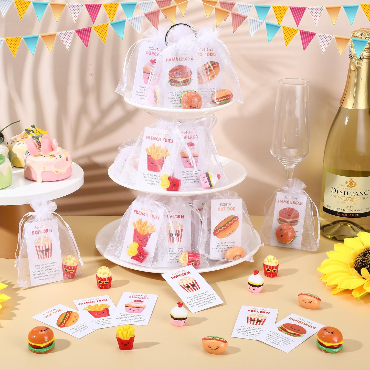 CroBlissful 100 Sets Inspirational Positive Food Mini Gifts for Coworker Bulk Hamburger French Fries Cupcake with Positive Card
