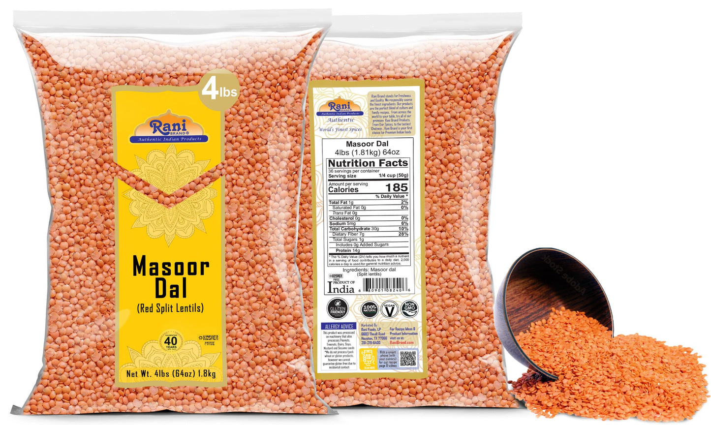 Rani Masoor Dal (Indian Red Lentils) Split Gram, 64Oz (4Lbs) 1.81Kg Bulk ~ All Natural | Gluten Friendly | Non-Gmo | Kosher | Vegan | Indian Origin