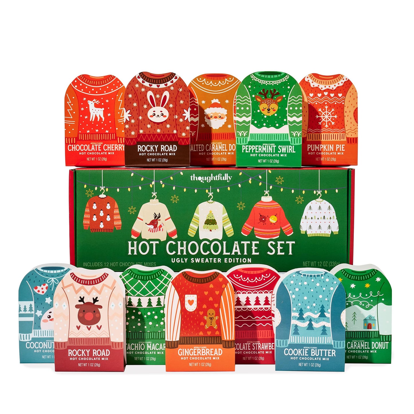 Thoughtfully  Holiday Hot Chocolate Mix Gift Set  Ugly Sweater Cocoa Sampler with 12 Flavored Packets Including Peppermint  Gingerbread  Rocky Road & More  Christmas Gift Box  Set of 12
