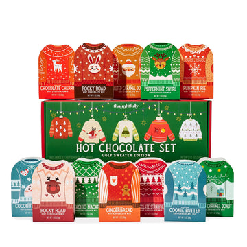 Thoughtfully  Holiday Hot Chocolate Mix Gift Set  Ugly Sweater Cocoa Sampler with 12 Flavored Packets Including Peppermint  Gingerbread  Rocky Road & More  Christmas Gift Box  Set of 12