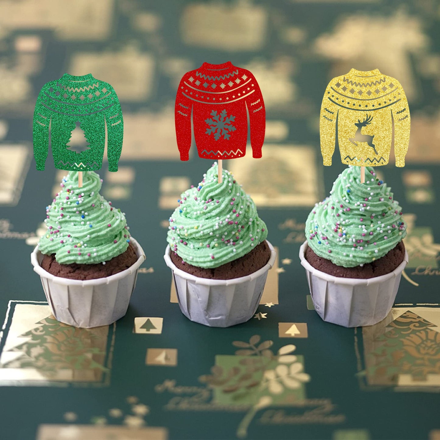 24 Pcs Ugly Sweater Cupcake Toppers Gold Green Red Glitter Christmas Tree Deer Snowflake Cupcake Picks Winter Merry Christmas Th