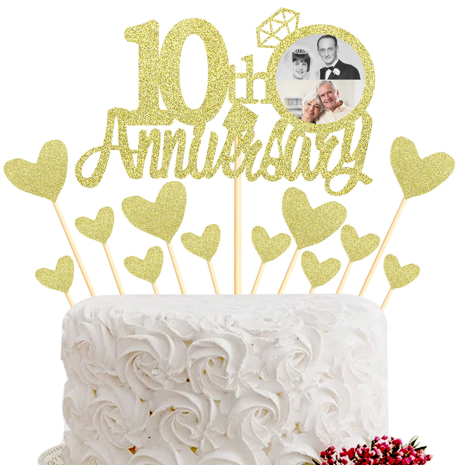 Sumerk 10th Anniversary Cake Topper, 13pcs Gold Glitter Wood Decorations, Medium Size