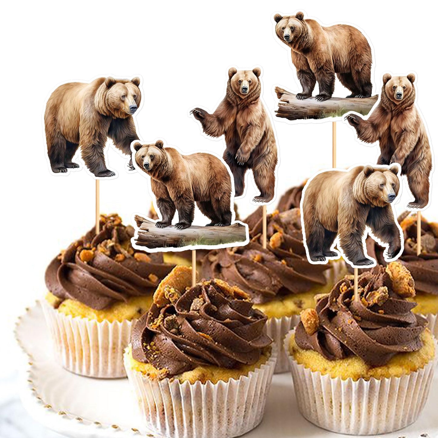 Ercadio 24 Pack Brown Bear Cupcake Toppers Brown Bear Cupcake Picks Animal Cupcake Picks Brown Bear Birthday Cupcake Decorations