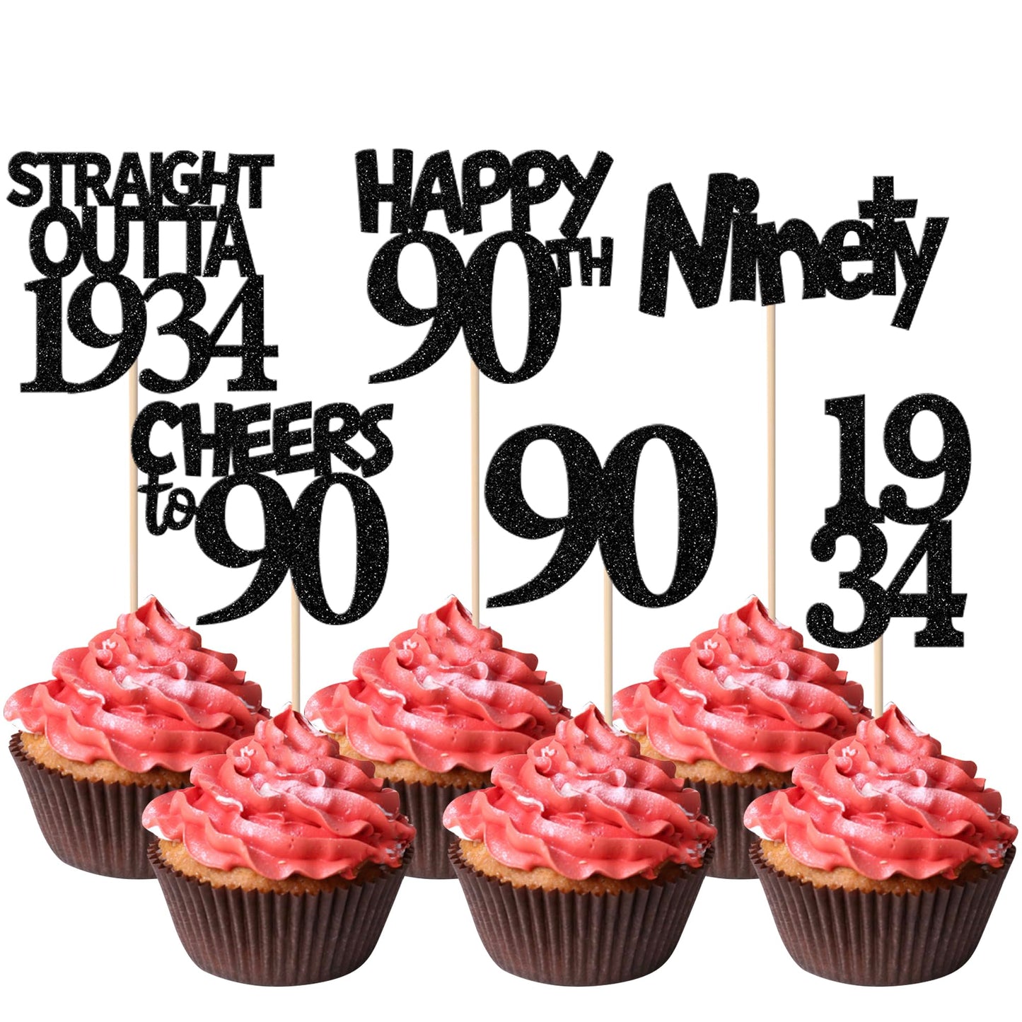 Rsstarxi Cupcake Toppers 24 Pack, 90th Birthday Decorations, Black Paper, Model XM236-black 90th