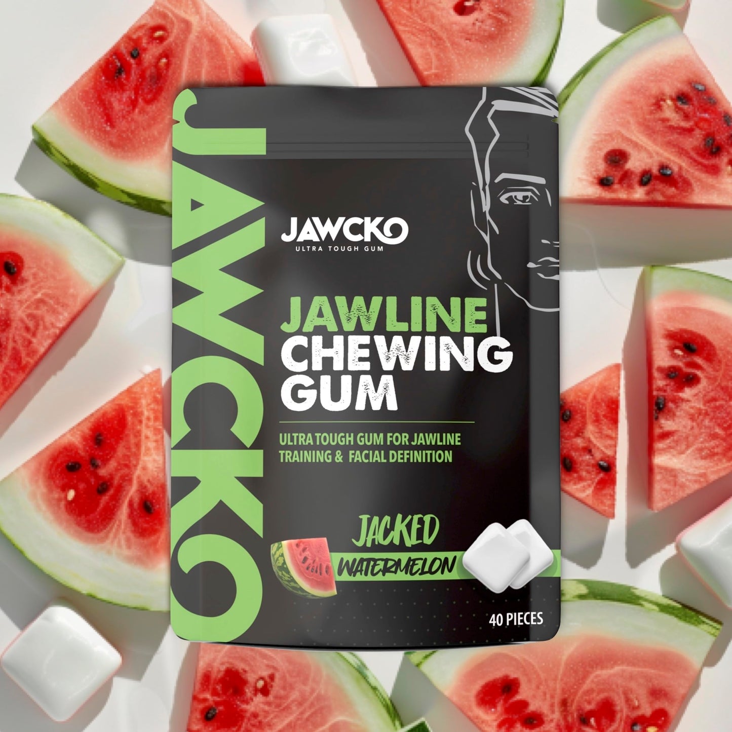Jawcko Ultra-Tough Jawline Chewing Gum | Get A Stronger, Squarer Jawline | Watermelon Jaw Training Hard Gum | 15X Strength | Chisel, Sculpt, Tone Your Jaw | Facial Fitness Mewing Gum | 40 Pieces/Pack