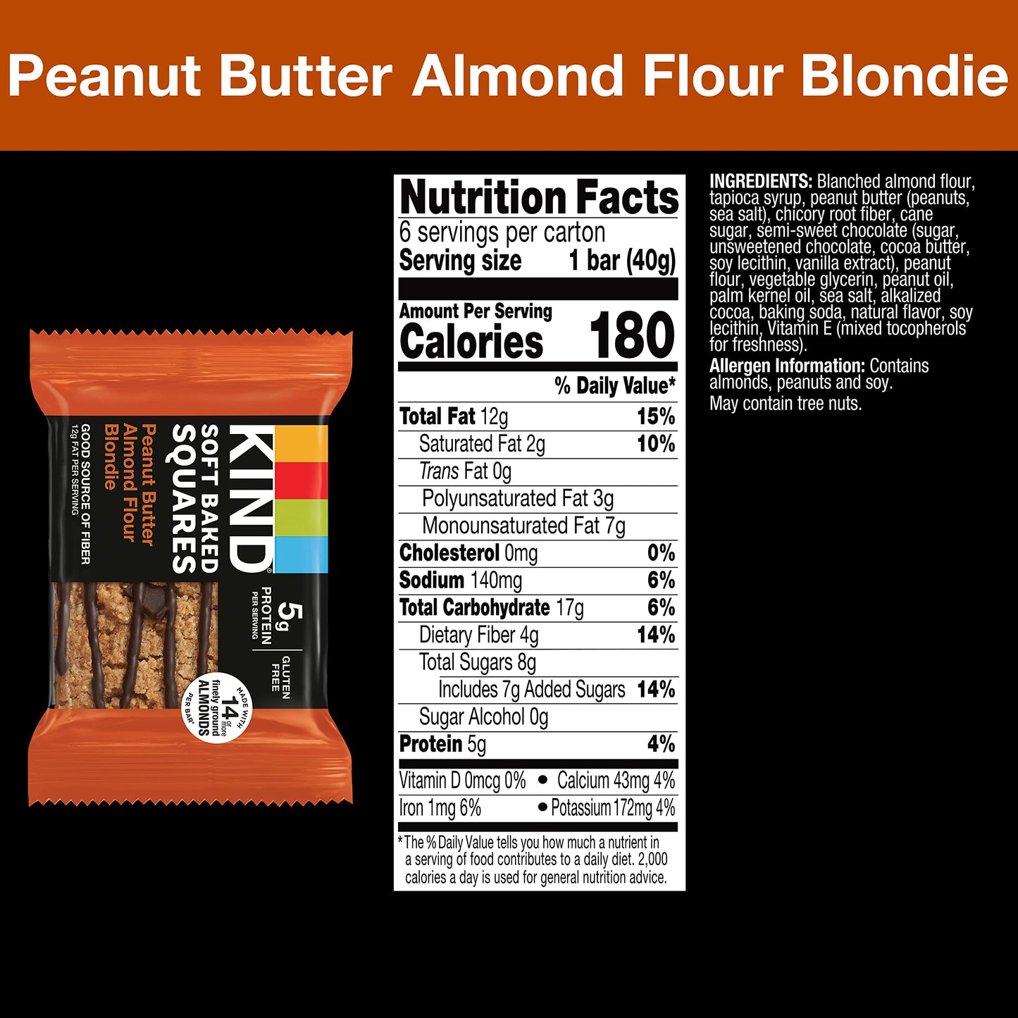 Kind Soft Baked Squares, Peanut Butter Almond Flour Blondie, 6 Count