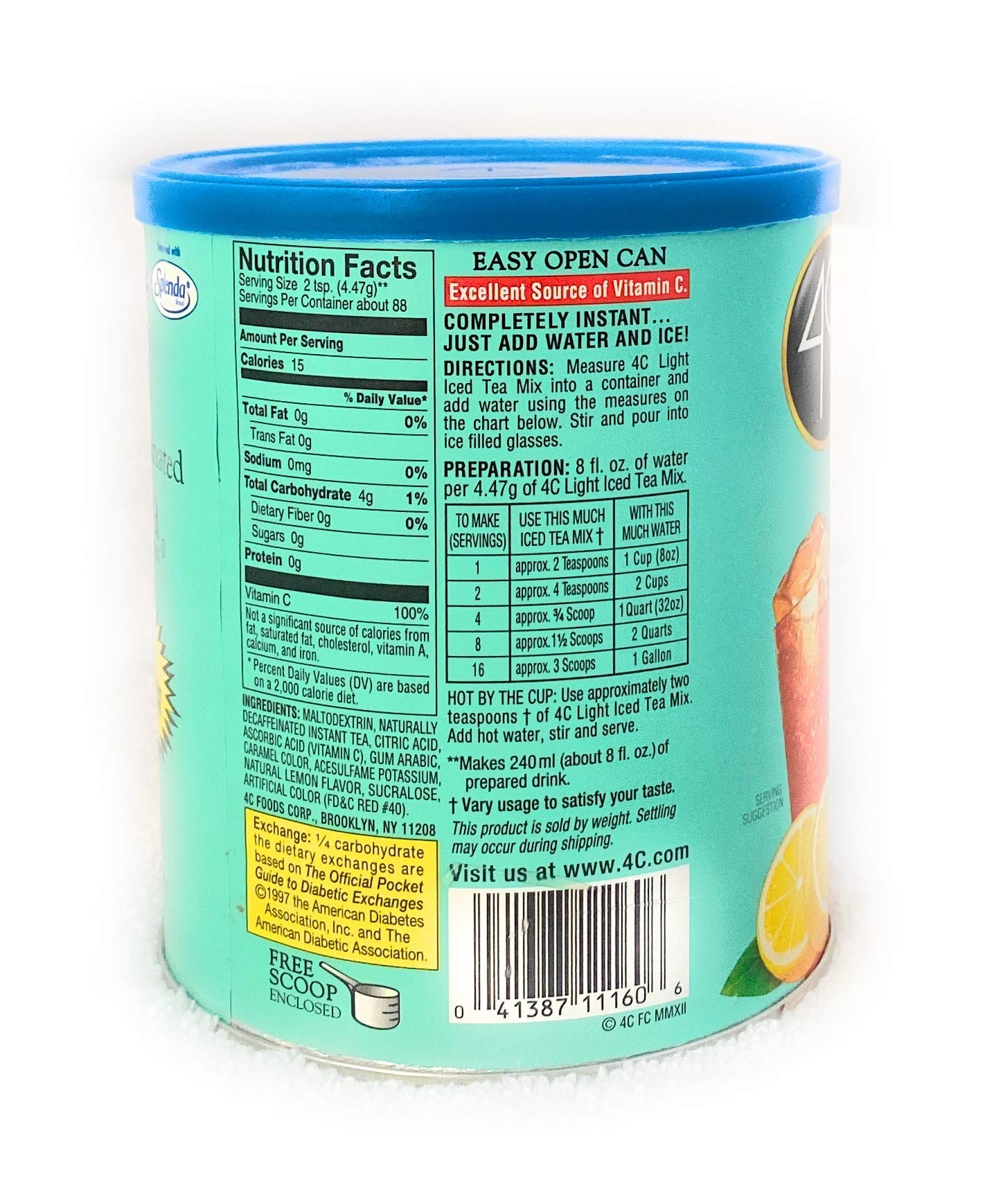 4C Light Powdered Drink Mix Cannisters, Light Decaffeinated Iced Tea, 22 Quarts, Family Sized Cannister, Low Calorie, Thirst Que