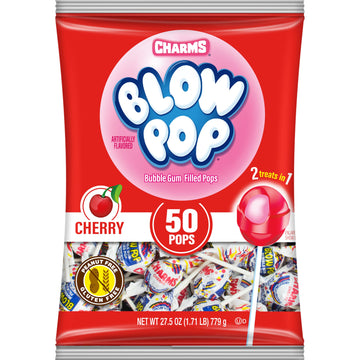 Charms Blow Pop Single Flavor Bag - Cherry Flavored Lollipops With A Bubble Gum Center - Individually Wrapped Hard Candy - Red C