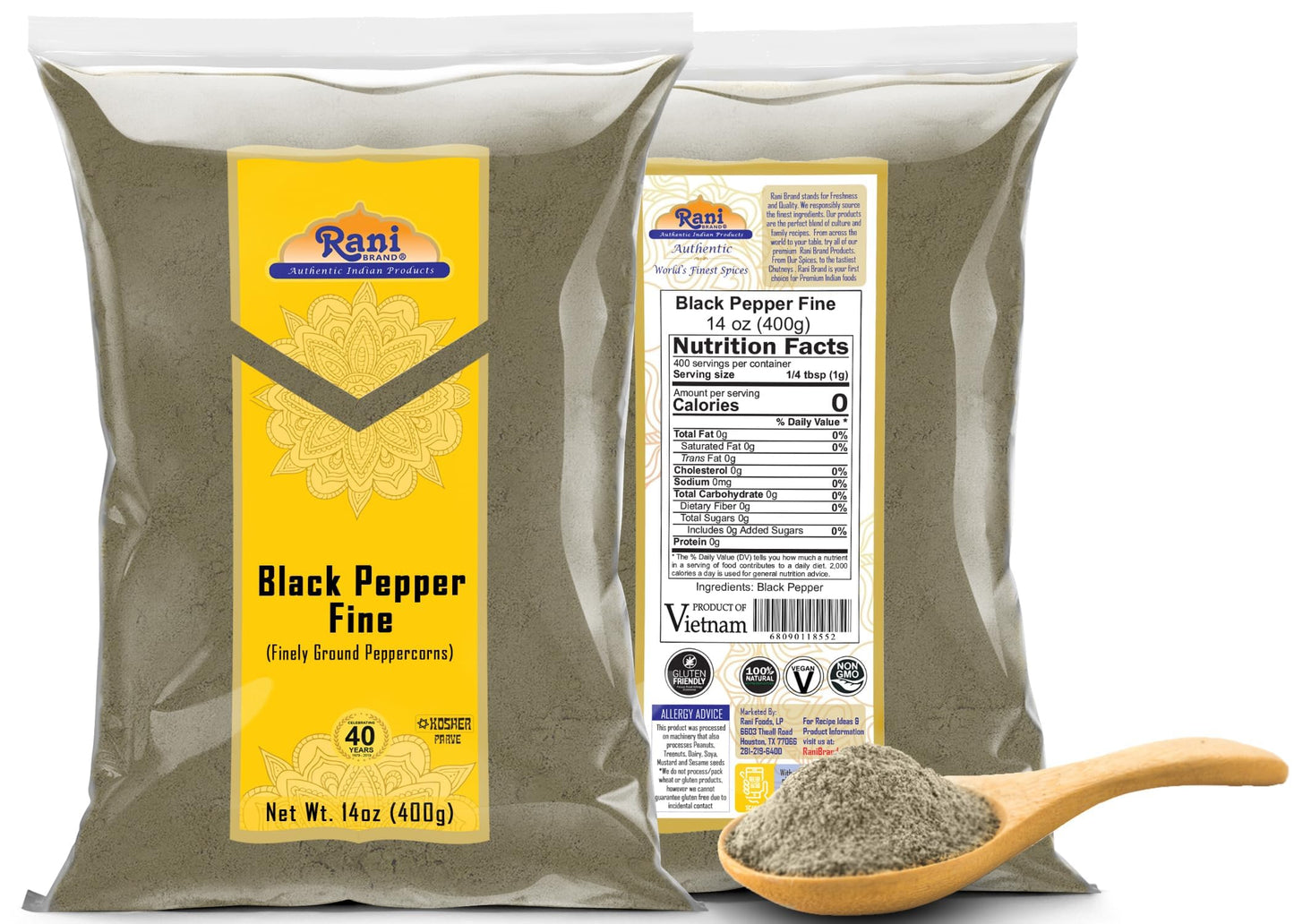Rani Black Pepper Fine Powder, 80 Mesh, 14Oz (400G) ~ 100% Natural | Vegan | Gluten Friendly | Non-Gmo | Kosher | Product Of Vie