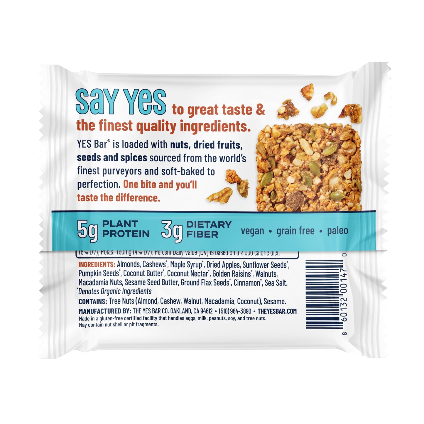 The Yes Bar - Apple Cinnamon Crisp - Plant Based Protein, Decadent Snack Bar - Vegan, Paleo, Gluten Free, Dairy Free, Low Sugar,
