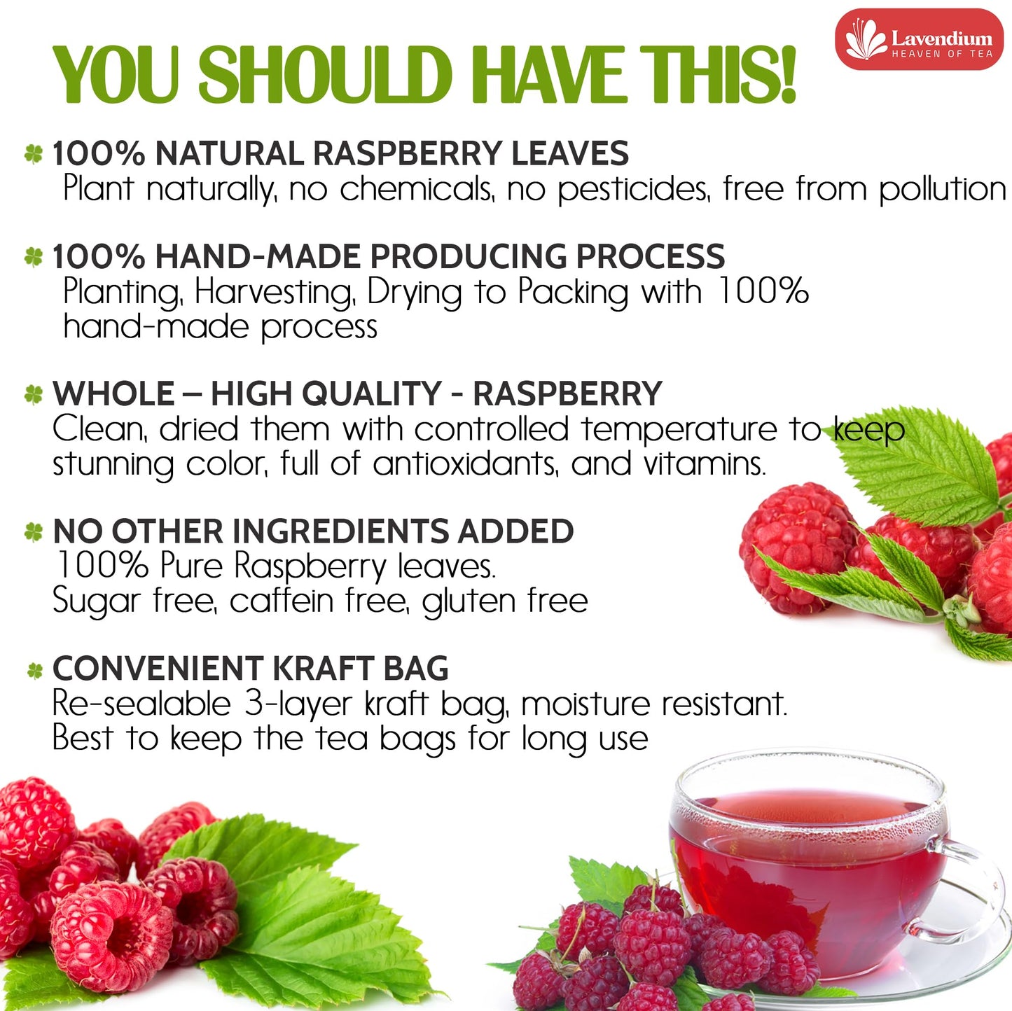 Lavendium Raspberry Leaf Tea Bags, 100% Natural, Caffeine-Free, Vegan, 60 Count