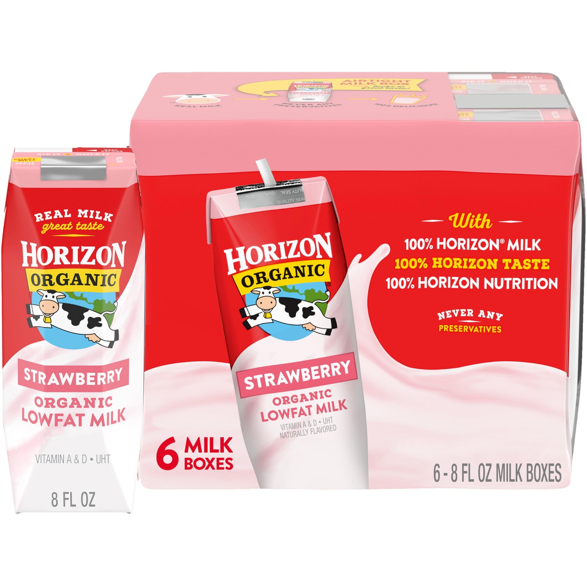 Horizon Organic Shelf Stable 1% Lowfat Strawberry Milk Boxes, 8 fl oz, 6 Count - 8g Protein per Serving, USDA Organic UHT from P