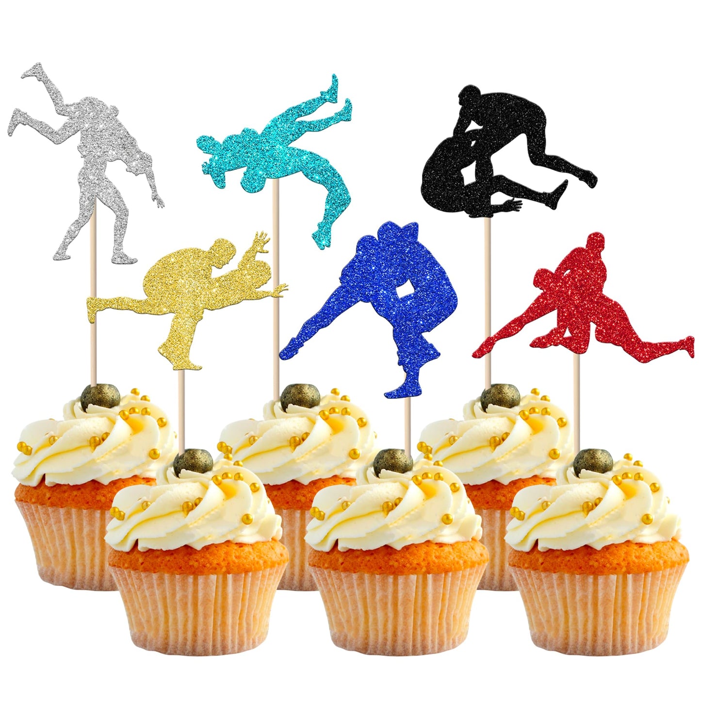YCTHUNFISH Wrestling Cupcake Toppers, 24 Pack, Glitter Man Wrestler, Paper, Multi-Color Birthday Party Decorations
