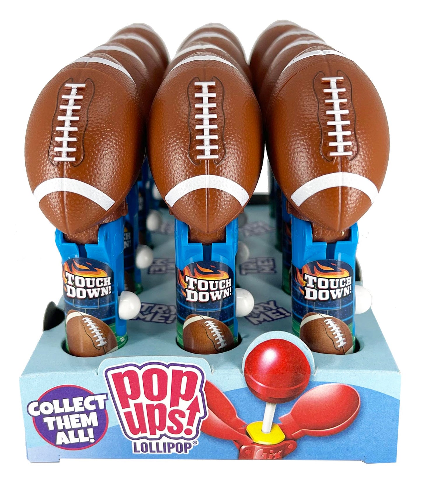Pop Ups! Football Lollipop Holder - 12 Lollipops With Cases - Individually Wrapped Candy Party Favors - Football Candy - Bulk Se