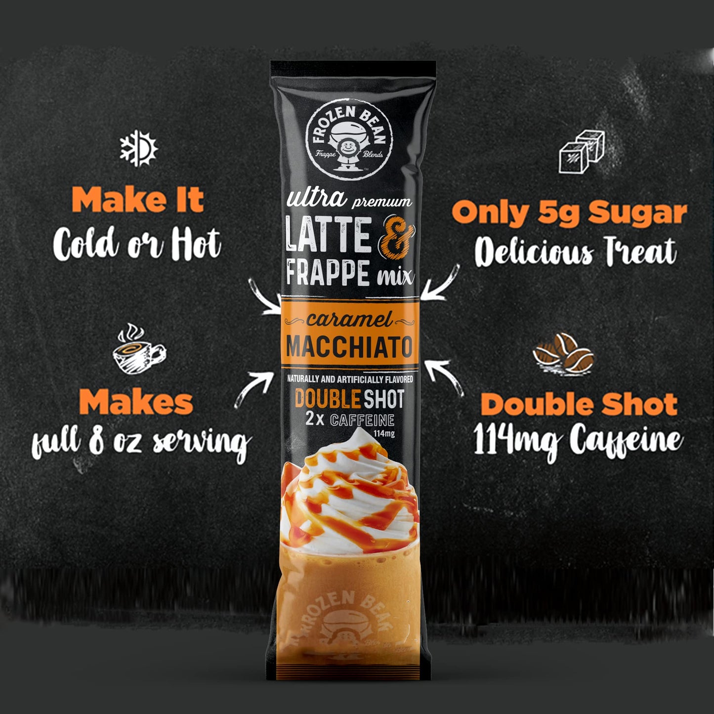 The Frozen Bean Caramel Macchiato Frappe & Latte Instant Mix (20 Sticks), Made With Arabica Coffee, Double Shot Caffeine, Low Sugar & Enhanced Ingredients, Hot, Iced, Or Blended Drinks