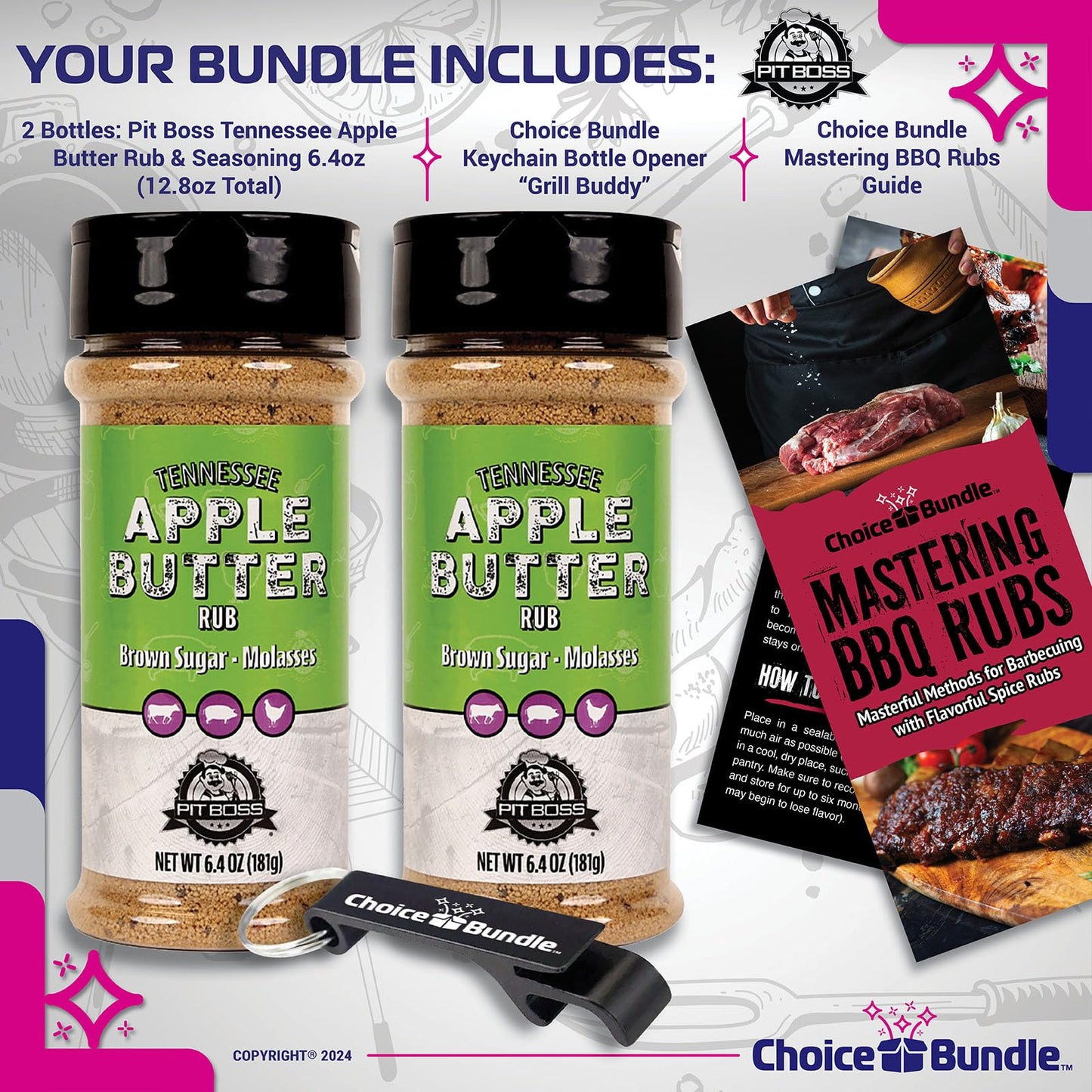 Pit Boss BBQ Mixed Seasoning Spice & Rub Bundle, 12.8 oz (2 Pack) with Guide & Keychain Opener