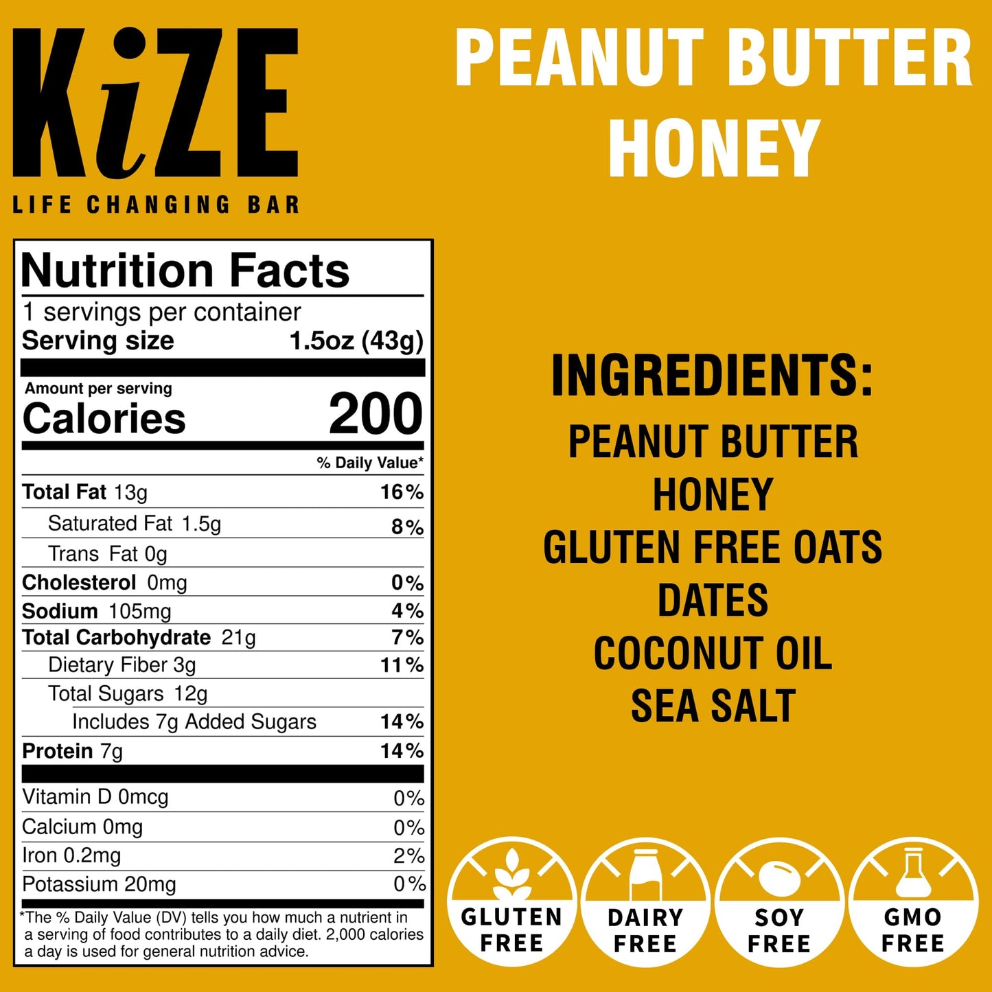KiZE Energy Bar Peanut Butter Honey - 30 Count Pack, Dairy Free, Gluten Free, High Protein, Non-GMO, Soy Free Snack