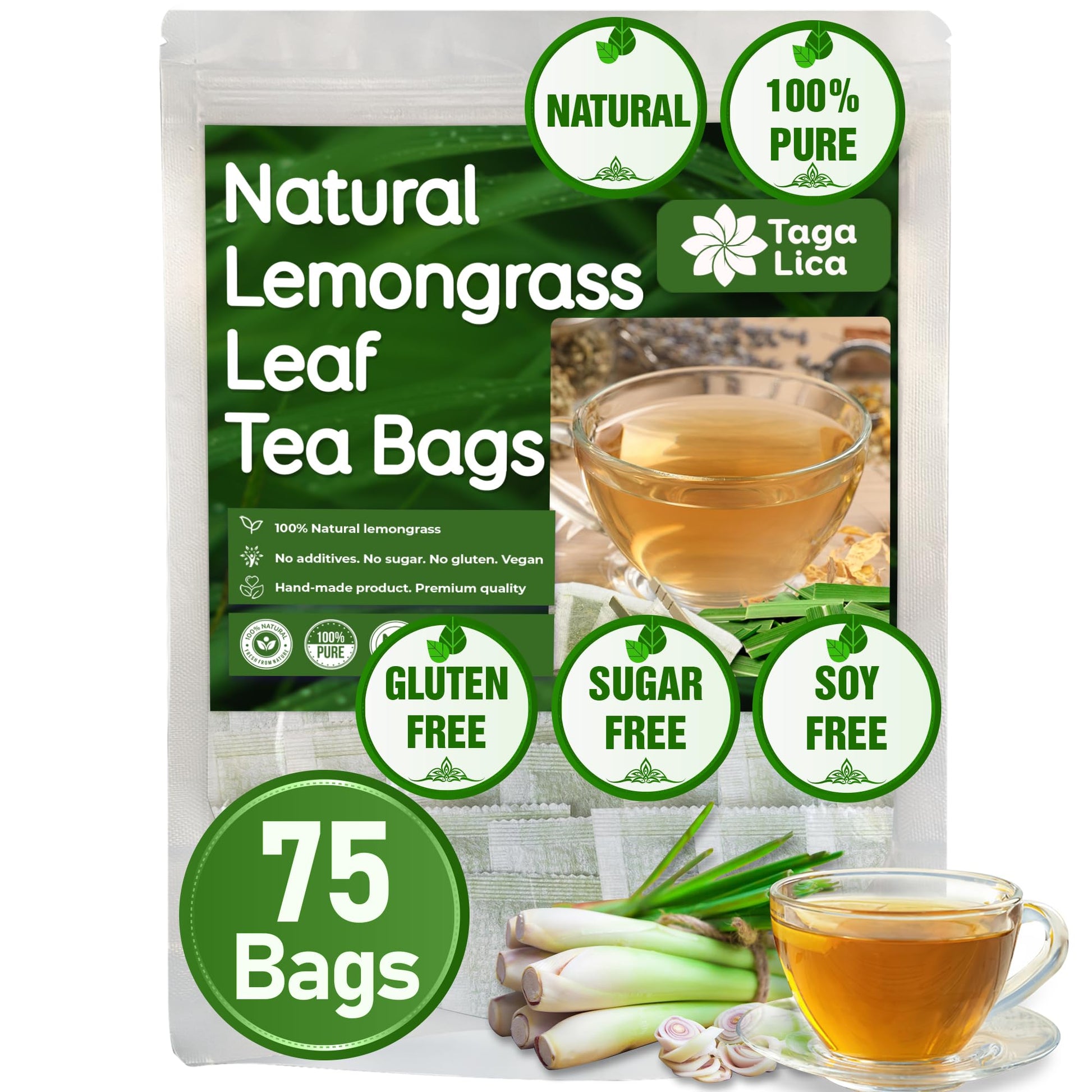 Tagalica Lemongrass Herbal Tea Bags - 100% Natural, Eco-Conscious, No Sugar, Caffeine-Free, 75 Count