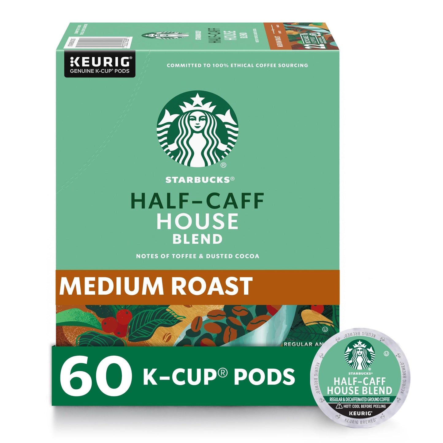 Starbucks K-Cup Coffee Pods, Medium Roast, Half-Caff House Blend, 10 Count per Box, Pack of 6, 100% Arabica