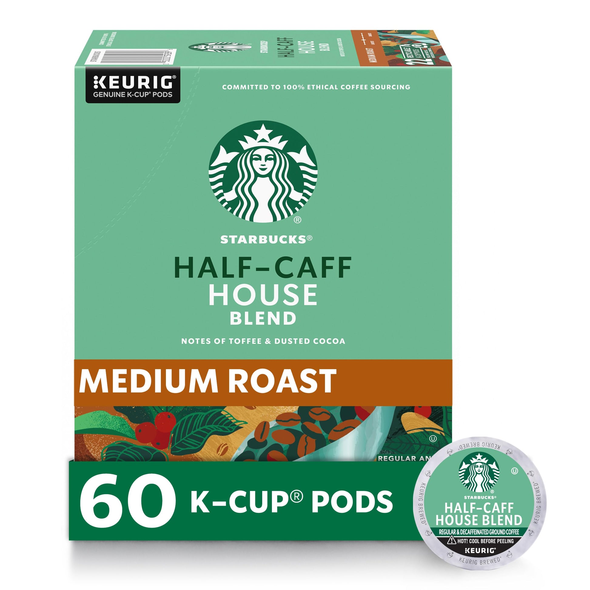 Starbucks K-Cup Coffee Pods, Medium Roast, Half-Caff House Blend, 10 Count per Box, Pack of 6, 100% Arabica