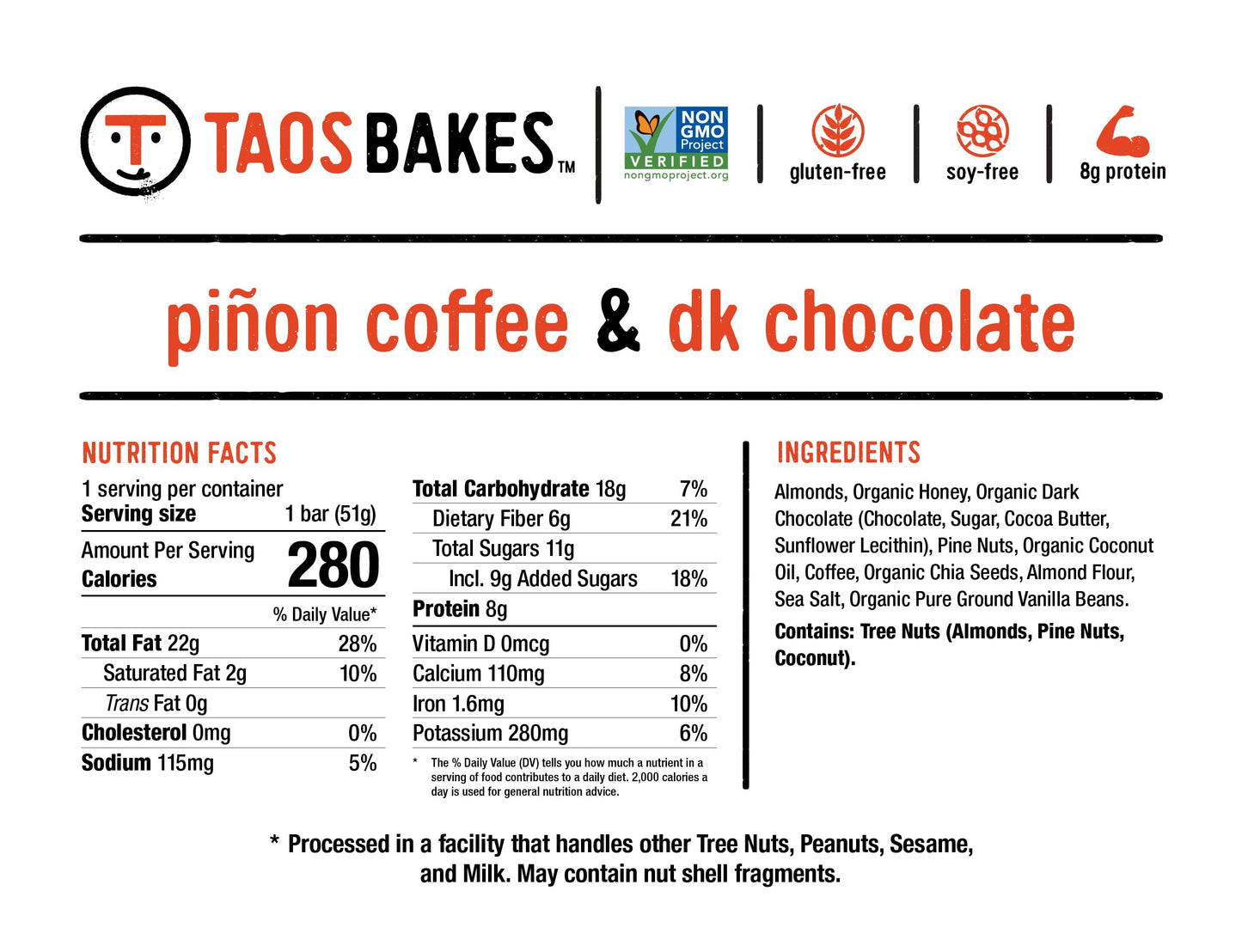 Taos Bakes - Coffee + Dark Chocolate - Breakfast Bar - 8G Of Protein, 6G Fiber, & Gluten Free - Healthy Snack For Mature-Themeds - Filled With Pine Nuts, Almonds, Chocolate, & Chia Seeds - 12 Pack, 1.8Oz Ea