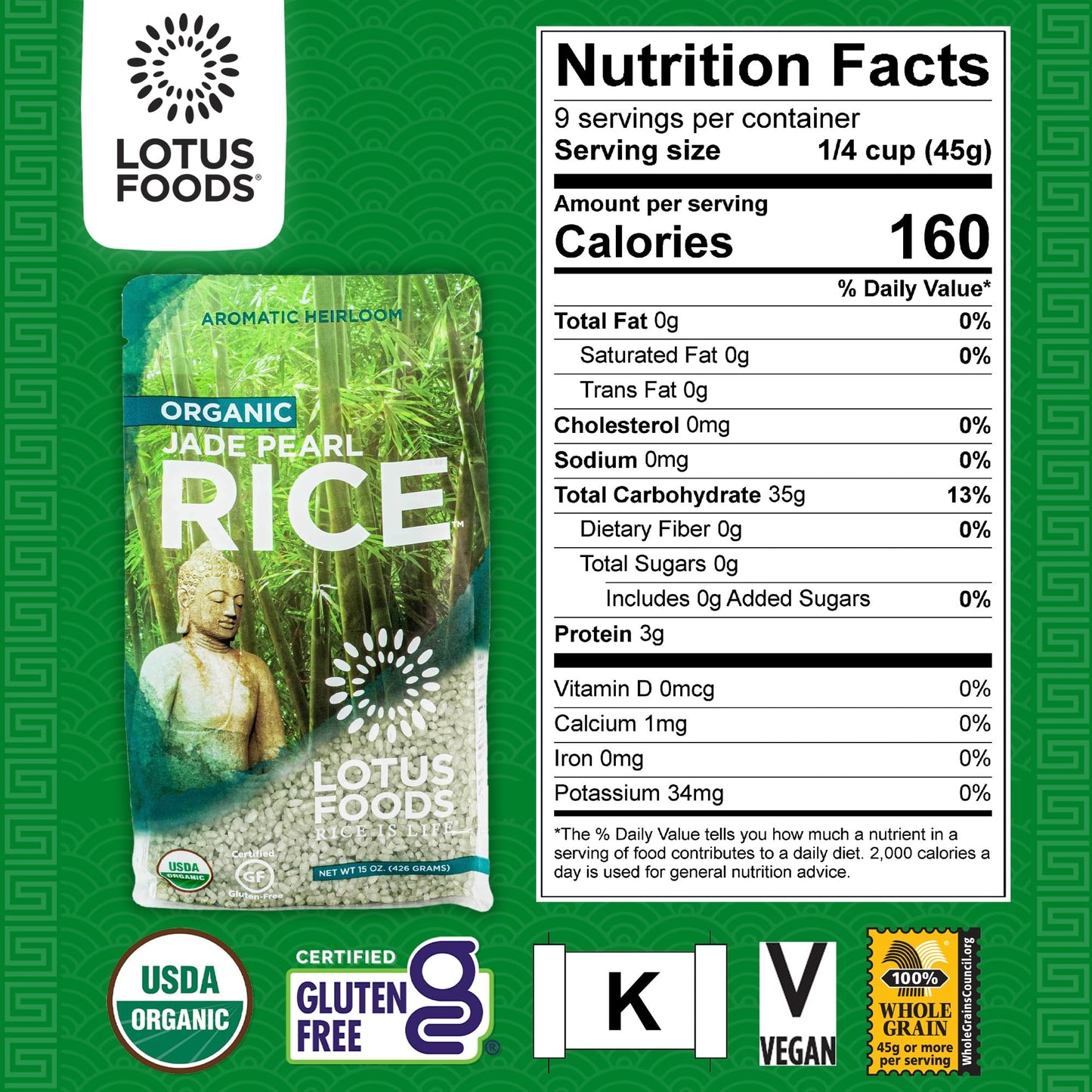 Lotus Foods Organic Jade Pearl Rice - Gluten Free Sushi Style Pearled Rice, Infused With Bamboo Extract, Vegan, Non Gmo, Use For