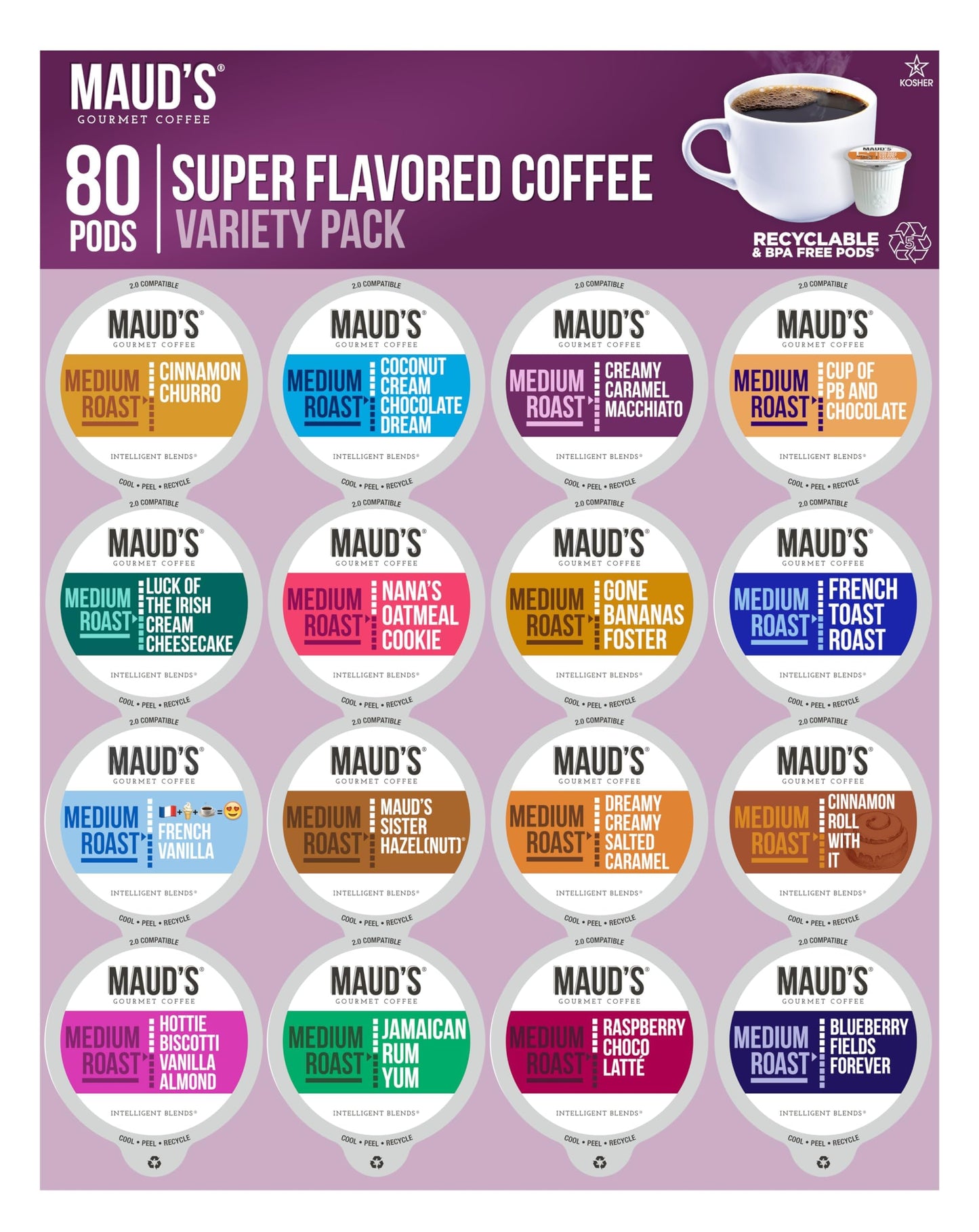 MAUDS Super Flavored Coffee Pods, 80 Count, 16 Assorted Flavors, Medium Roast, Compatible with Keurig K Cups, 100% Arabica Beans