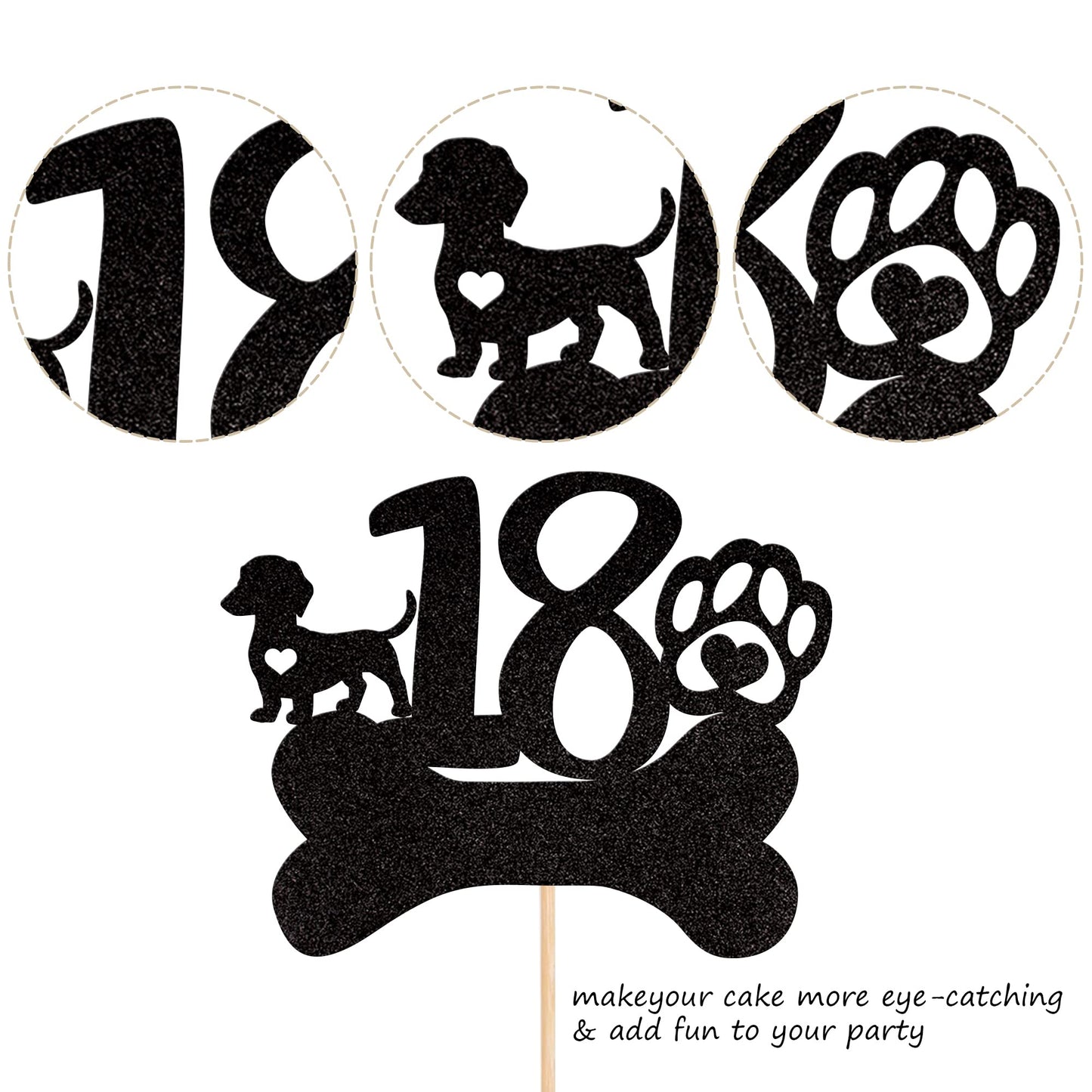 1 Pcs 18Th Birthday Cake Topper Black Glitter Dog Paw Eighteen Years Old Birthday Puppy Dog Bone Cake Pick For Let'S Pawty Baby