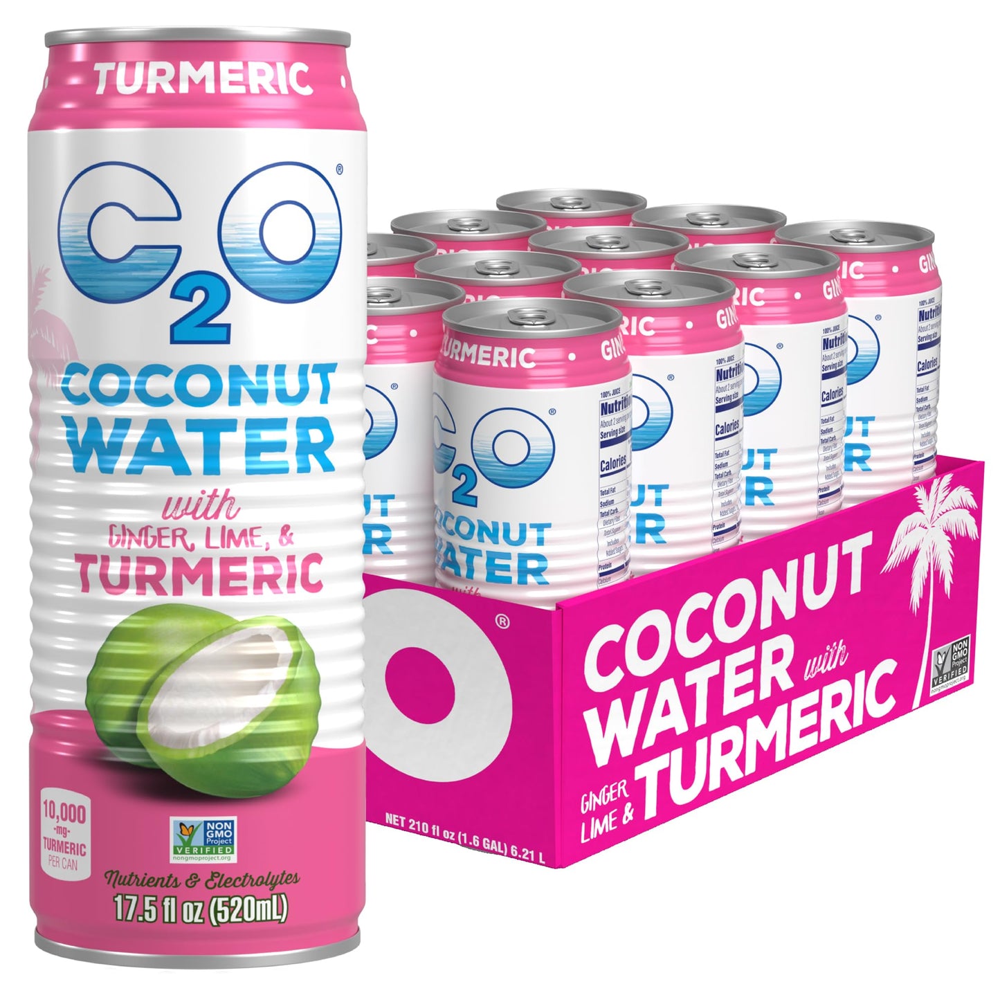 C2O - Coconut Water With Ginger, Lime, & Turmeric (12 Pack) - Made With Fresh Coconut Water - Plant Based - Non Gmo - Canned Water - Natural Hydration, Electrolytes, & Potassium - 12 Cans, 17.5 Fl Oz
