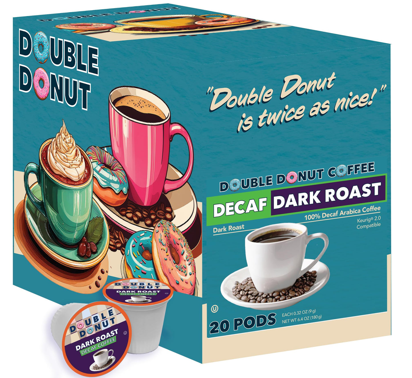 Double Donut Coffee Decaf Dark Roast Pods, Extra Bold, Compatible with Keurig, 20 Count