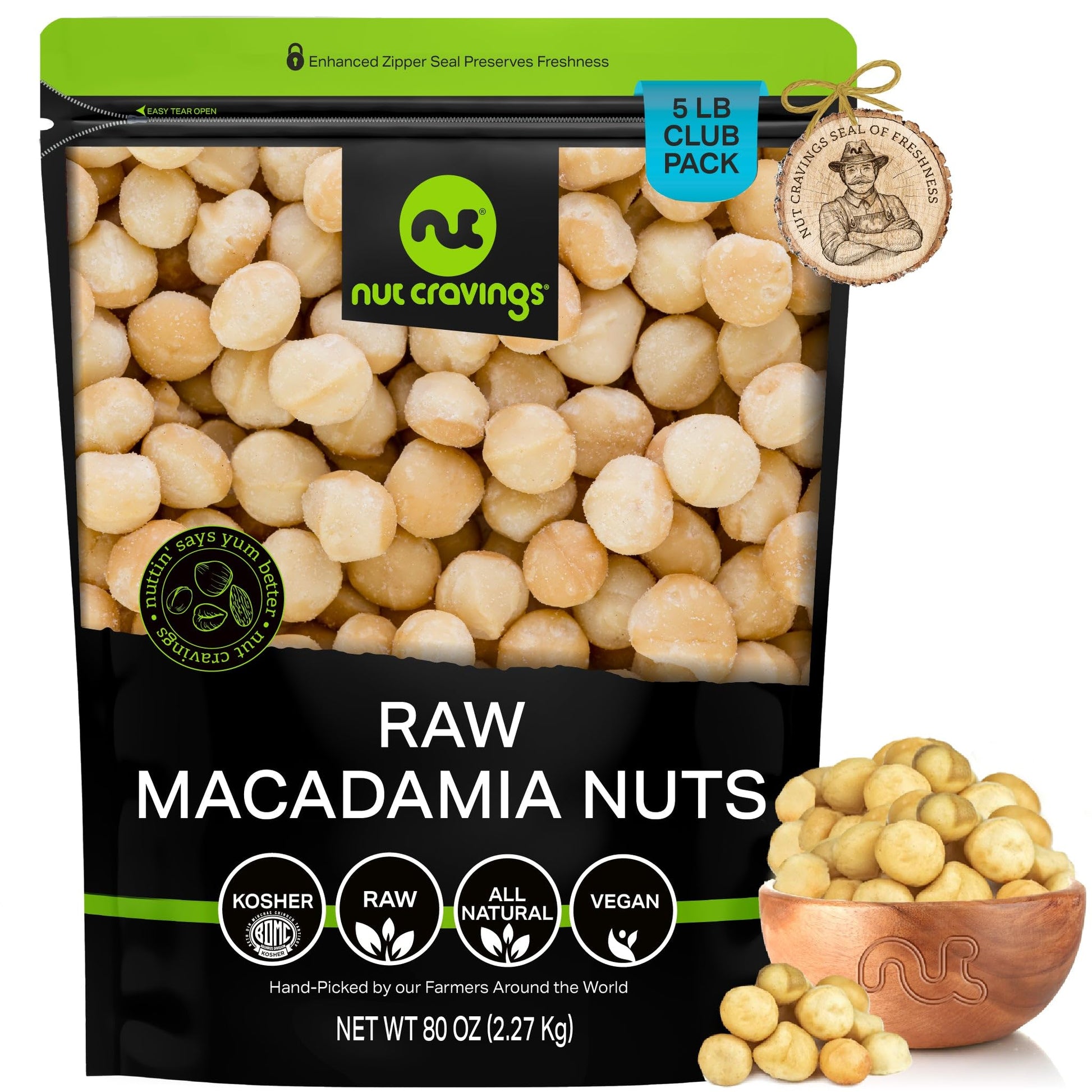 NUT CRAVINGS - Raw Macadamia Nuts, Unsalted, Shelled, (80oz - 5 LB) Bulk Nuts Packed Fresh in Resealable Bag - Kosher Healthy Sn