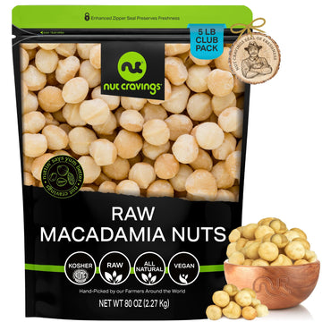 NUT CRAVINGS - Raw Macadamia Nuts, Unsalted, Shelled, (80oz - 5 LB) Bulk Nuts Packed Fresh in Resealable Bag - Kosher Healthy Sn