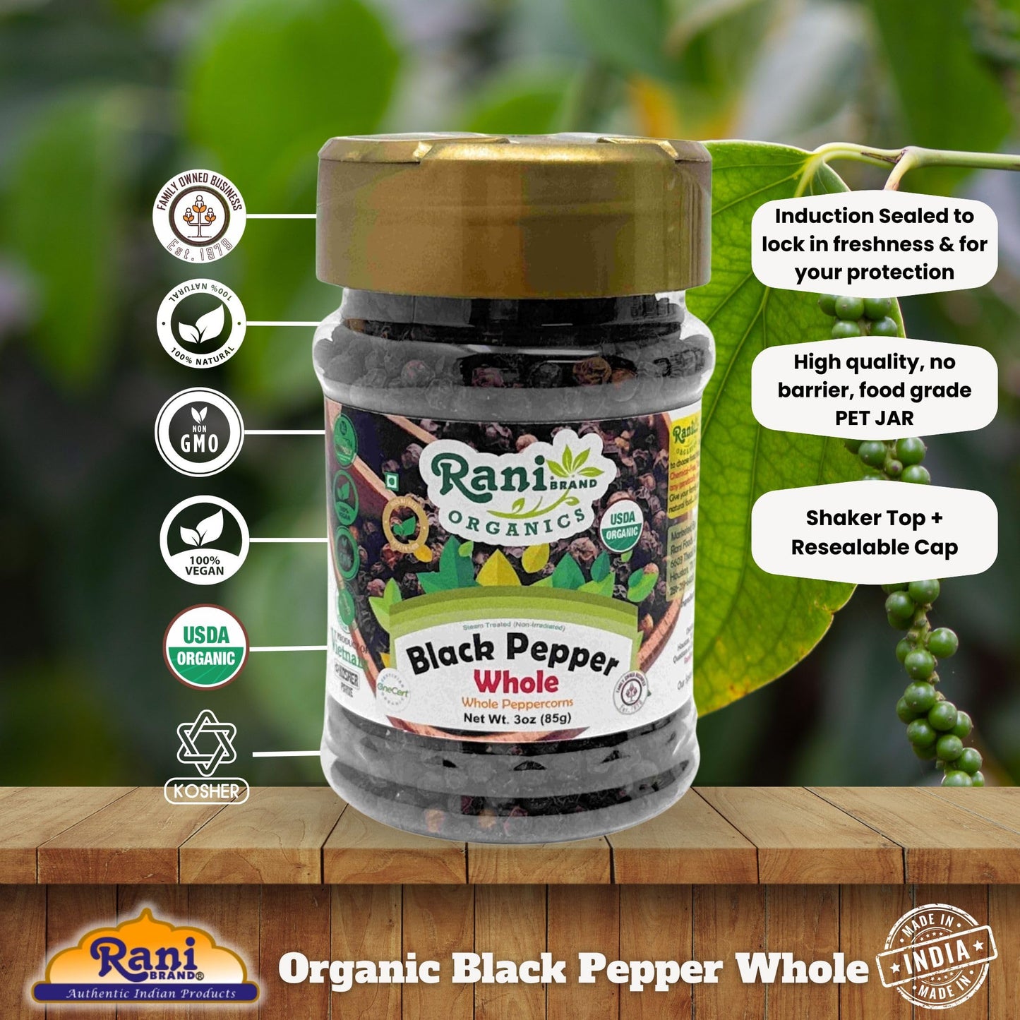 Rani Organic Black Pepper Whole, Premium MG-1 Grade, 3oz (85g) PET Jar, Non-GMO, USDA Organic, Gluten Friendly, Kosher, Product of Vietnam