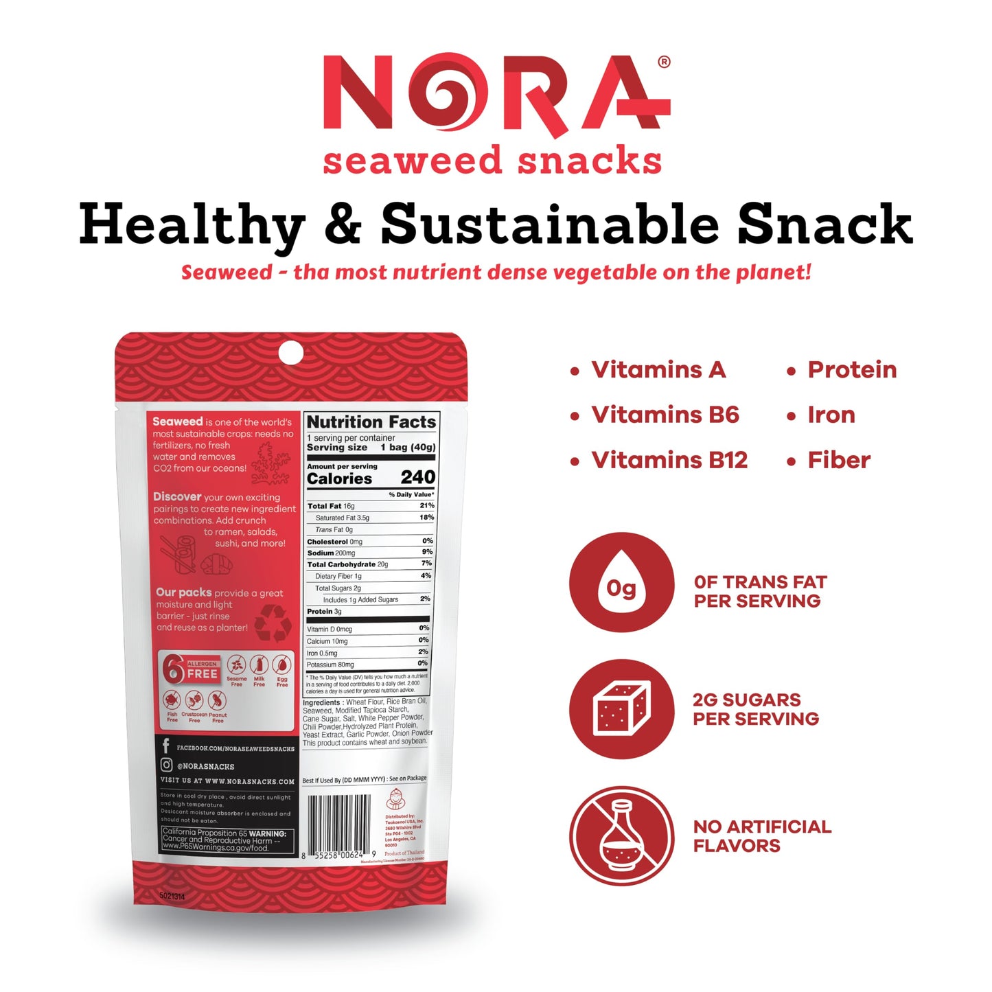 Spicy Tempura Seaweed Snacks by Nora, Thick Nori Sheets Snack Strips, Low-Carb Healthy Snacks for Adults, Asian Snacks, Vegan, N