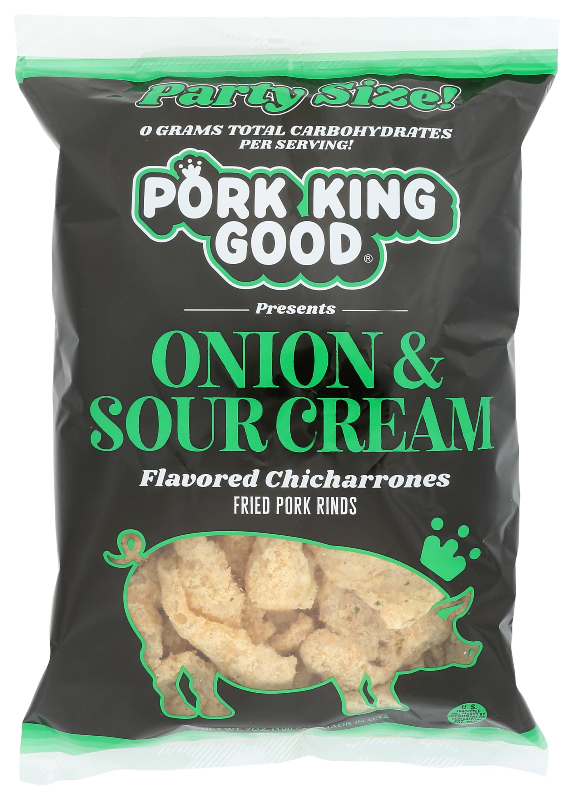 Pork King Good Onion & Sour Cream Pork Rinds 7 OZ FAMILY SIZE (Chicharrones - Keto Snacks)