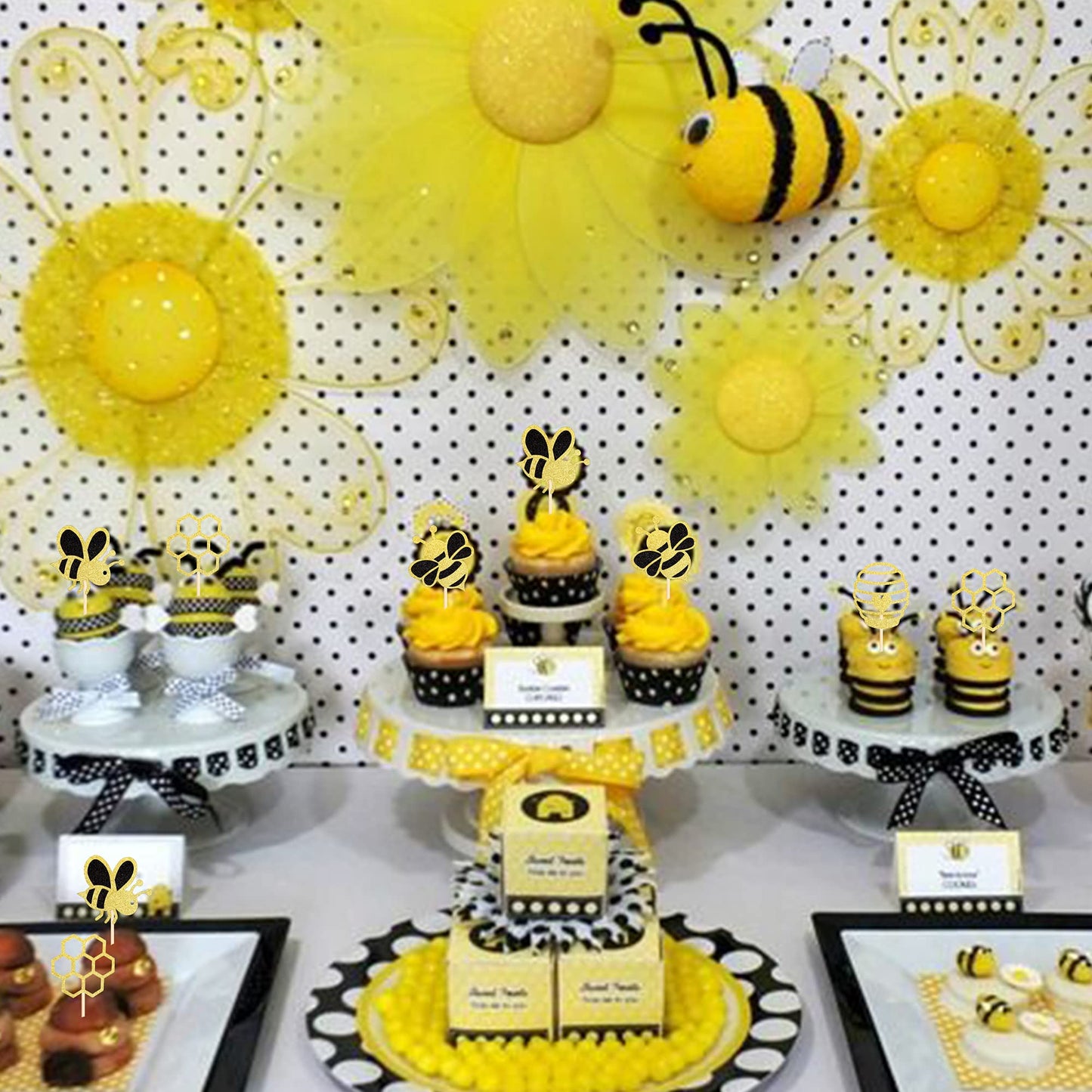 36 Pcs Bumble Bee Cupcake Toppers Glitter Bee Gender Reveal Honeycomb Cupcake Picks Baby Shower Birthday Party Cake Decorations