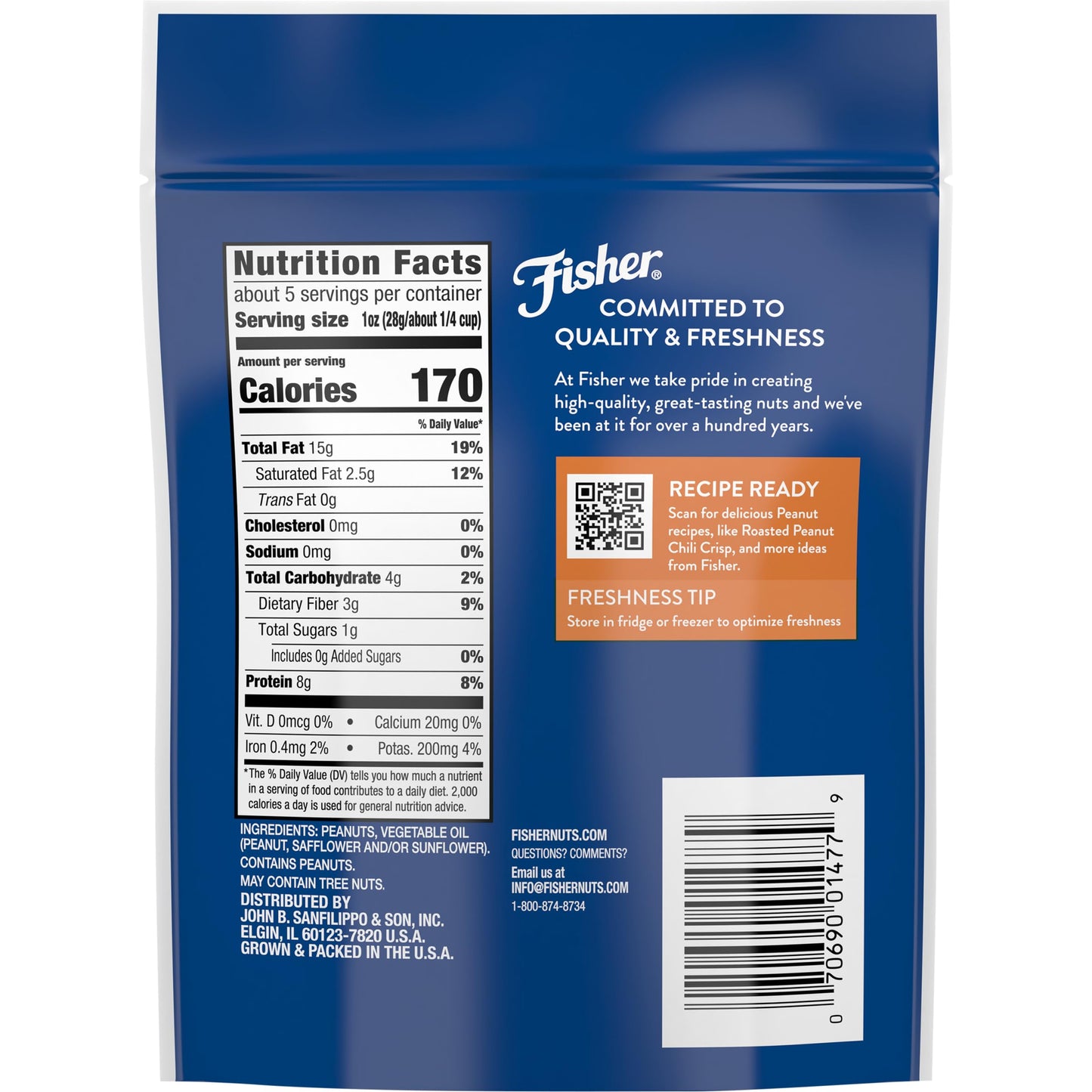 Fisher Peanuts Roasted Unsalted Nuts, 5.15 oz, Gluten Free, Vegan, Healthy Snack, Resealable Bag, Brown