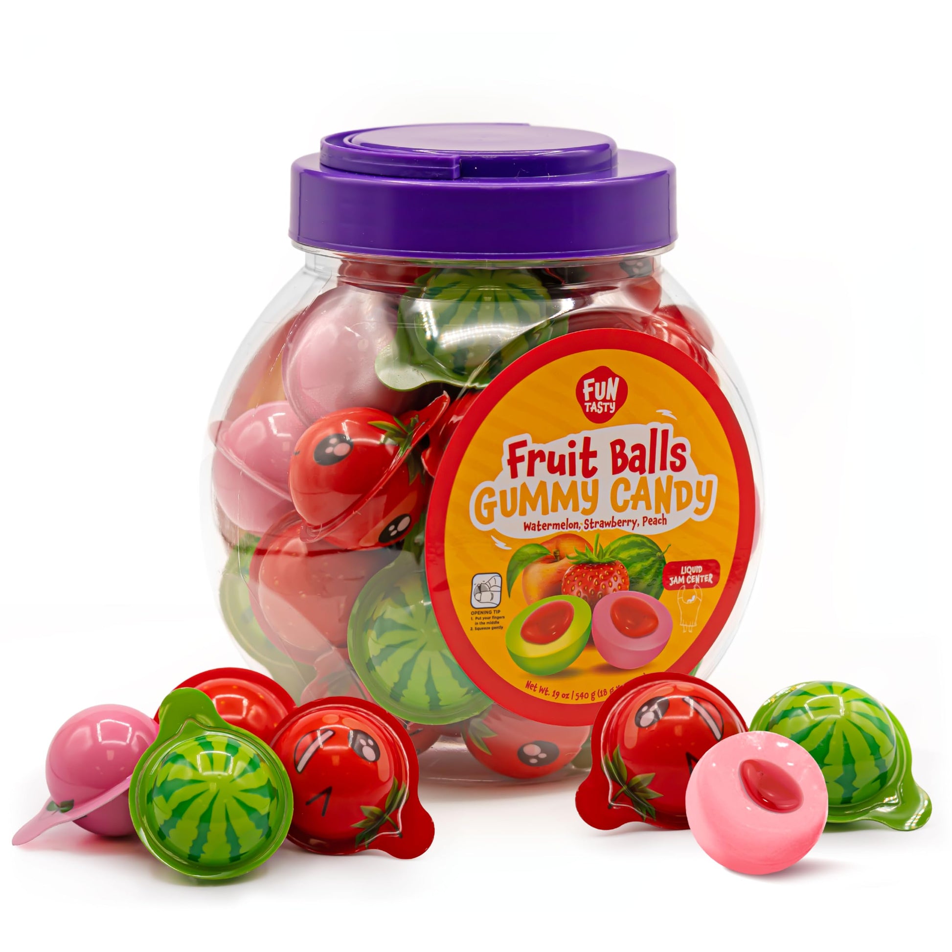 Fruit Gummy Balls Mix - 19 Ounce Jar (30 Count) - Jelly Filled Gummies - Individually Wrapped Gummy Candy - Watermelon  Strawberry  Peach - Candy for Goody Bags by Funtasty
