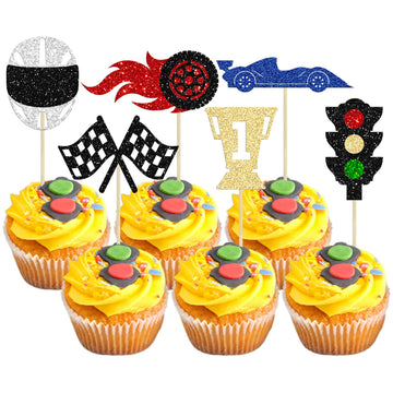 Gyufise 24Pcs Race Car Cupcake Toppers Glitter Traffic Light Wheel Trophy Flag Helmet Racing Car Cupcake Picks For Let'S Go Raci