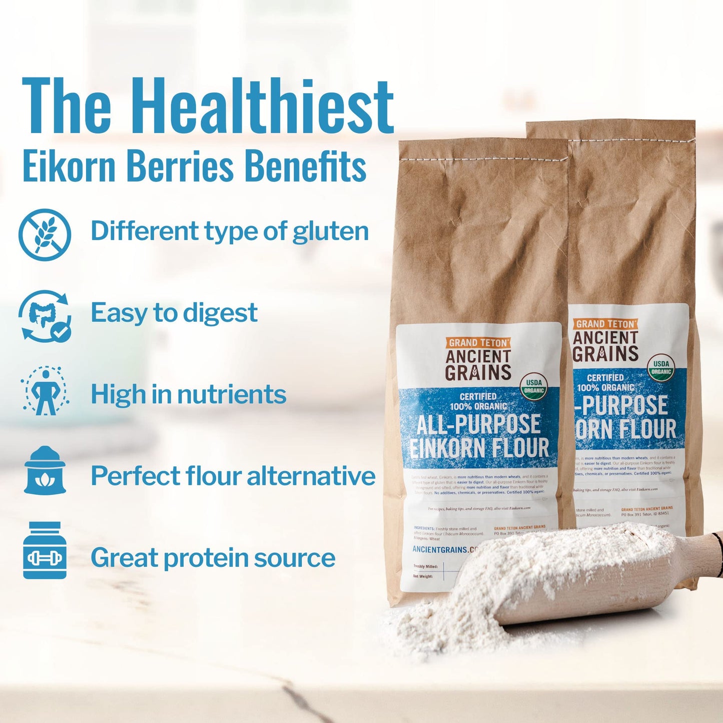 Grand Teton Ancient Grains - 100% Organic All-Purpose Einkorn Flour  Einkorn Flour Organic & Non-GMO  Einkorn Flour  Rich in Vitamins & Minerals  Unbleached Einkorn Grain Flour  10 lbs