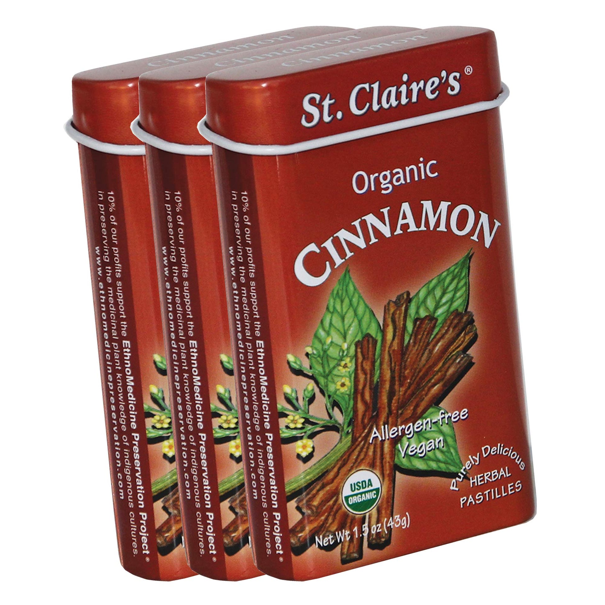 St. Claire'S Organic Herbal Pastilles, (Cinnamon, 1.5 Ounce Tin, Bundle Of 3) | Gluten-Free, Vegan, Gmo-Free, Plant-Based, Aller