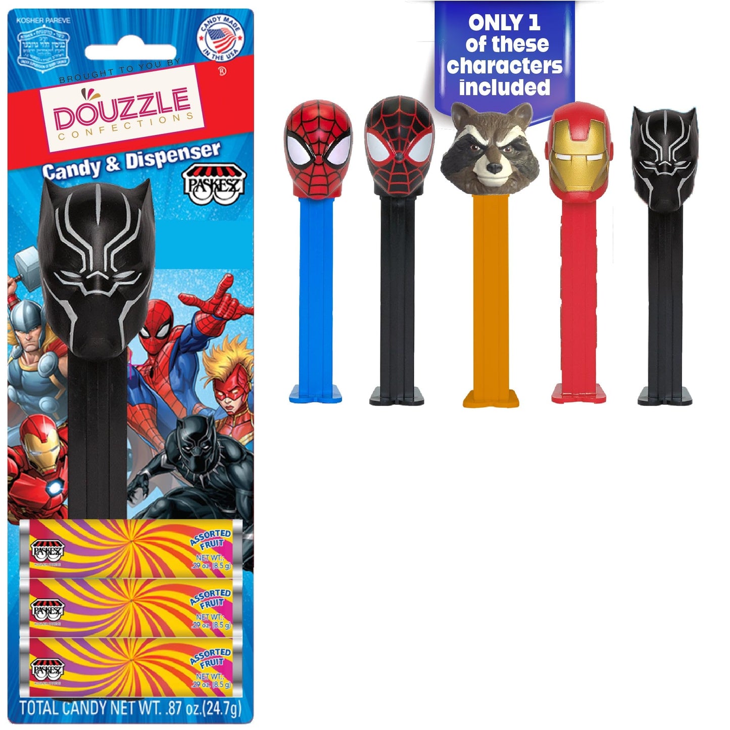 DOUzzle Kosher Pez Candy & Marvel Spiderman Dispenser + 3 Assorted Fruit Refills (Pack of 1) Gluten Free, Kosher Parve, USA Made
