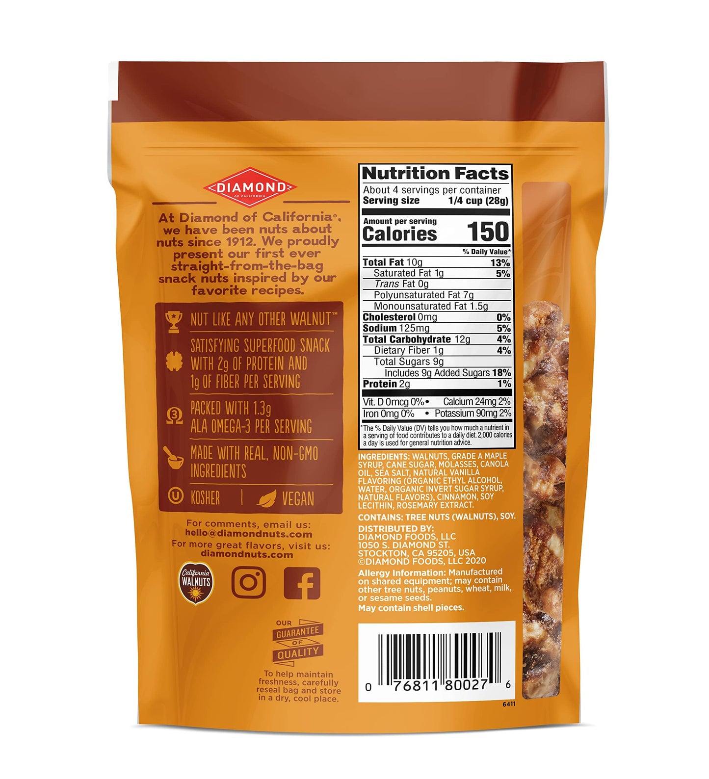 Diamond of California Sweet Maple Walnut Snack Nuts, 4 oz. (4 Pack)