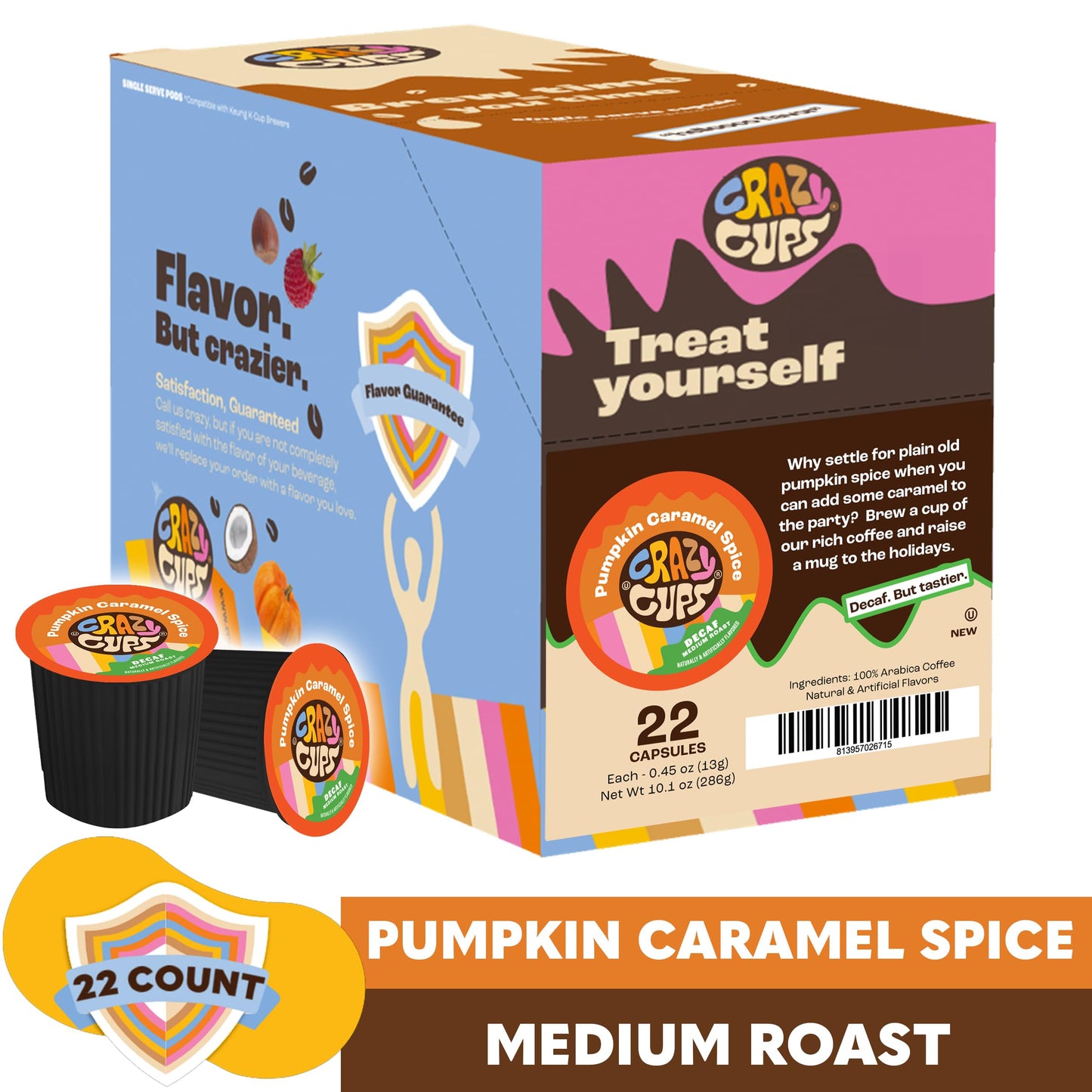 Crazy Cups Decaf Flavored Coffee Pods, Pumpkin Caramel Spice, Single Serve for Keurig, 22 Count, Recyclable