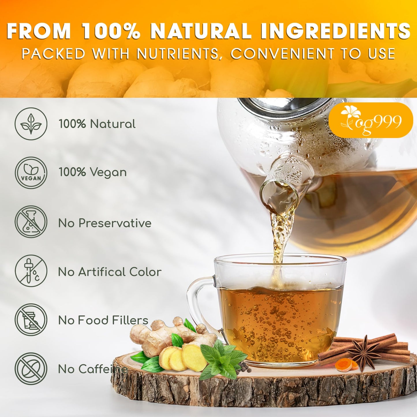TOG999 Loose Leaf Tea Bags - 100% Natural Ginger, Turmeric, Peppermint, Vegan - 60 Bags