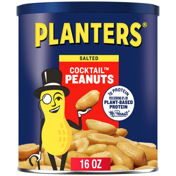 Planters Salted Cocktail Peanuts, Party Snacks, Plant Based Protein 16Oz (1 Canister)