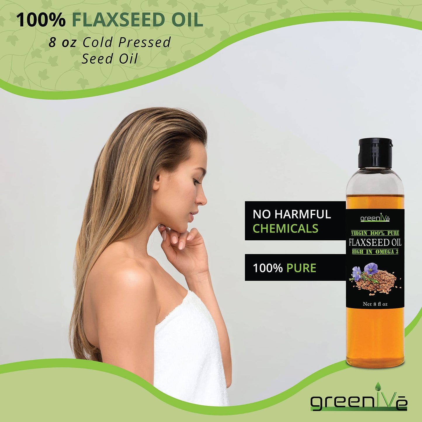 Greenive Flax Seed Oil Organically Grown100% Pure Cold Pressed High Vegan Omega Fatty Acids (8 Fl Oz)